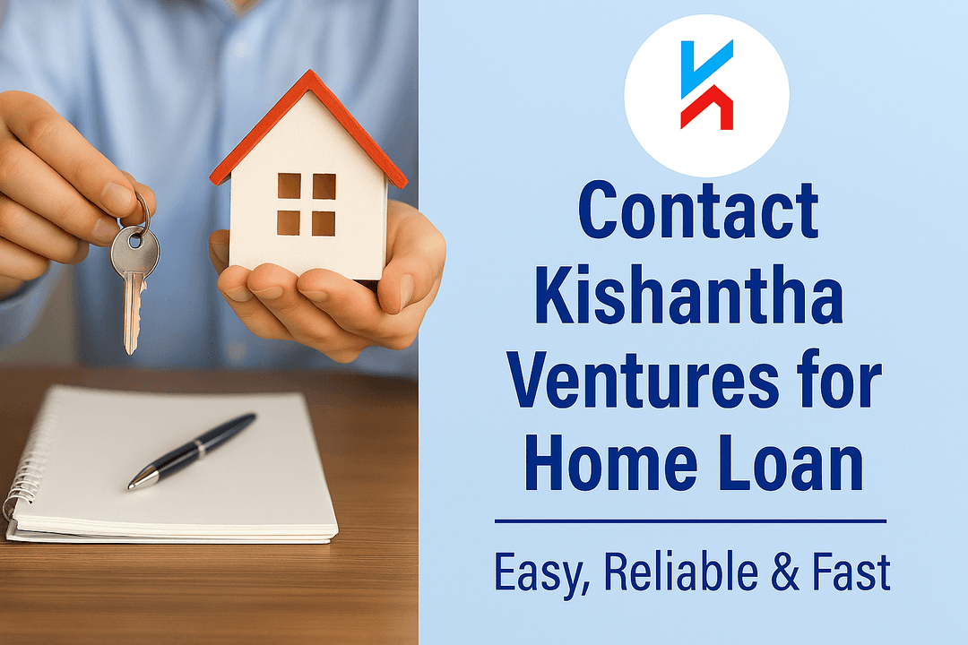 Person holding house model and key with text Contact Kishantha Ventures for Home Loan – Easy, Reliable & Fast